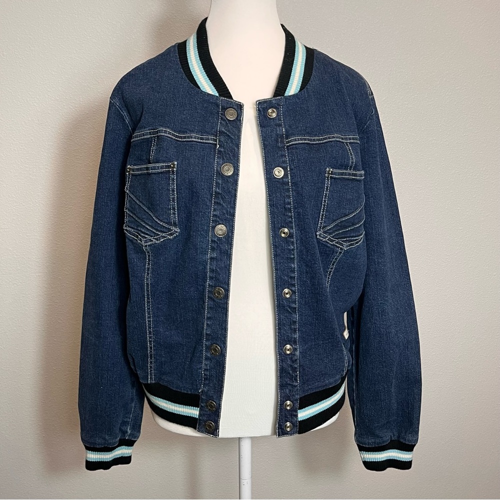 Vtg Baby Phat Y2K Denim Bomber Varsity Jean Jacket Size L Streetwear Retro Style - Picture 4 of 15